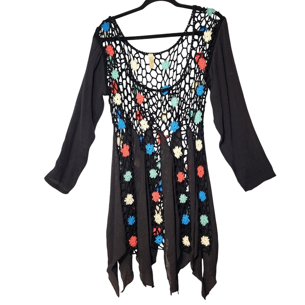 Diva Designs Black Crochet Floral Handkerchief Hem Tunic Top Womens 2XL Boho